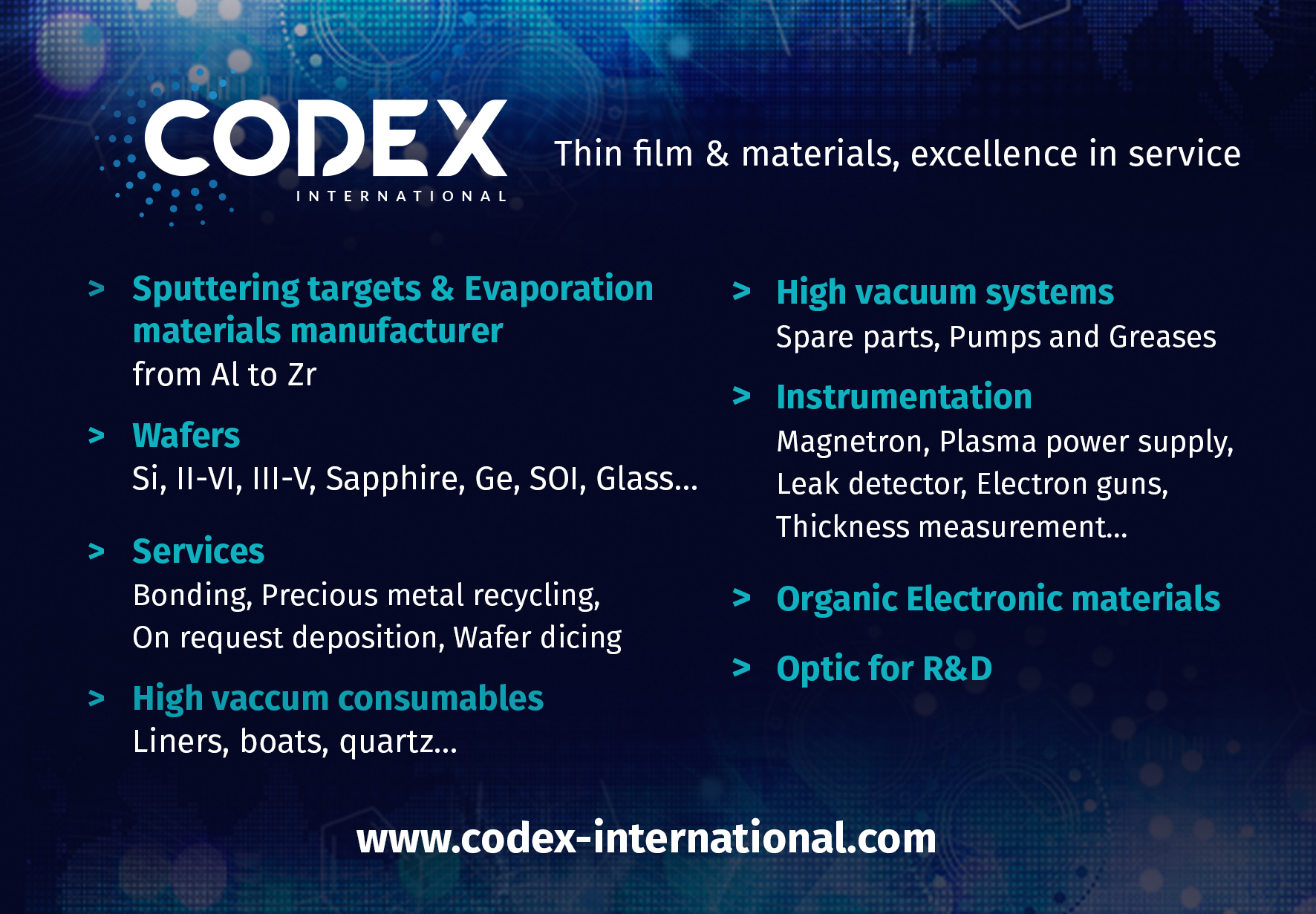 Codex International - Thins film & materials, excellence in service.